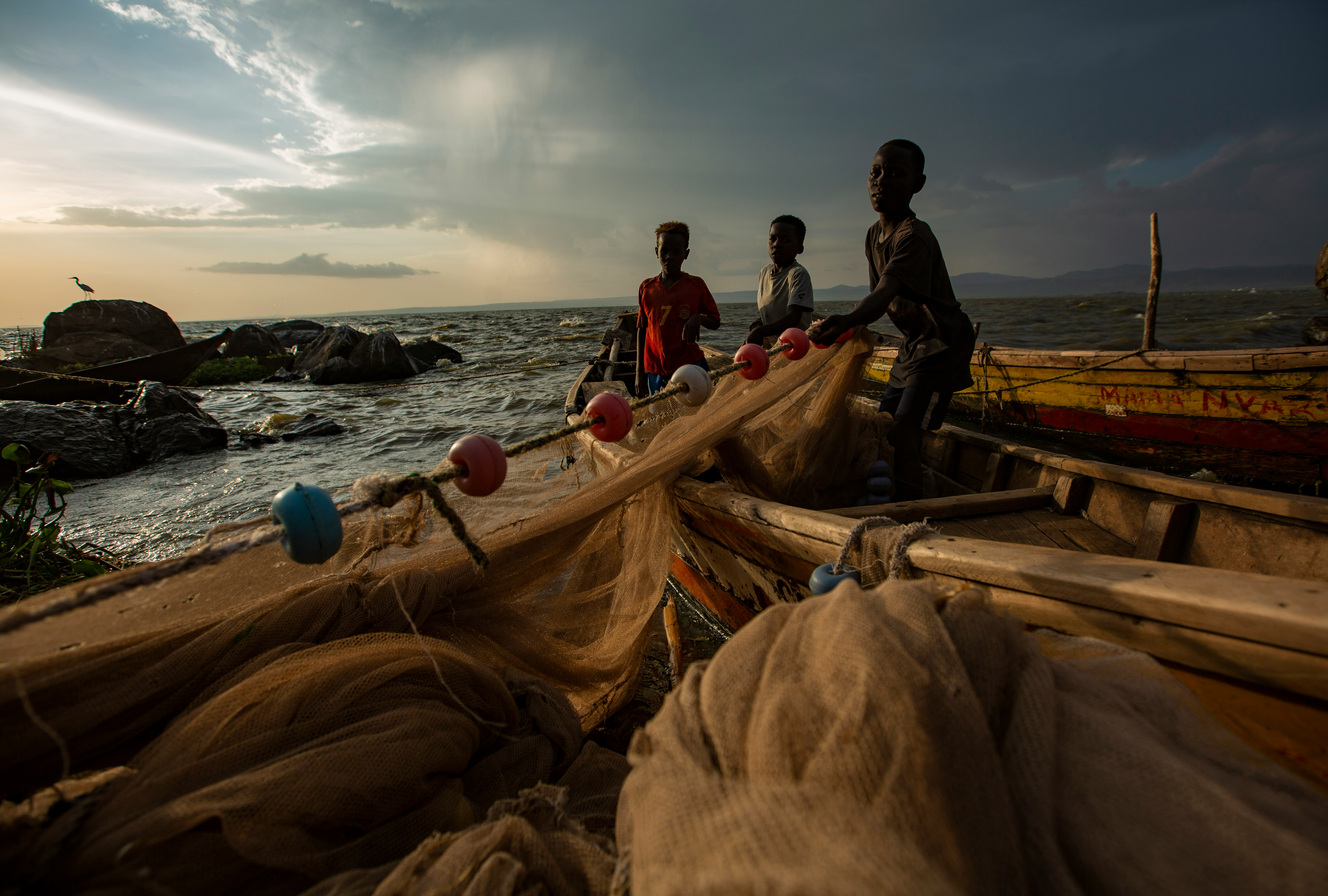 Fishermen hauling a net on Lake Victoria at golden hour